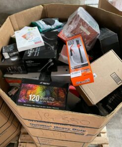 Amazon high piece count liquidation pallet filled with assorted home goods, electronics, kitchen items, and general merchandise for sale